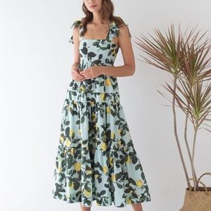 ChicWish MINTY LEMON PRINTED TIE-STRAP MAXI DRESS, Size XS